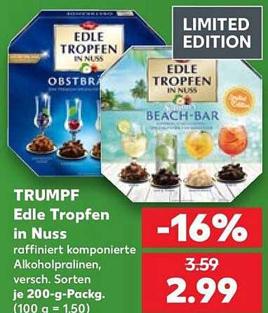 TRUMPF Edle Tropfen in Nuss raffiniert komponierte Alkoholpralinen, versch. Sorten, je 200-g-Packg.