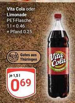 Vita Cola oder Limonade PET-Flasche, 1 l = 0.46 + Pfand 0.25