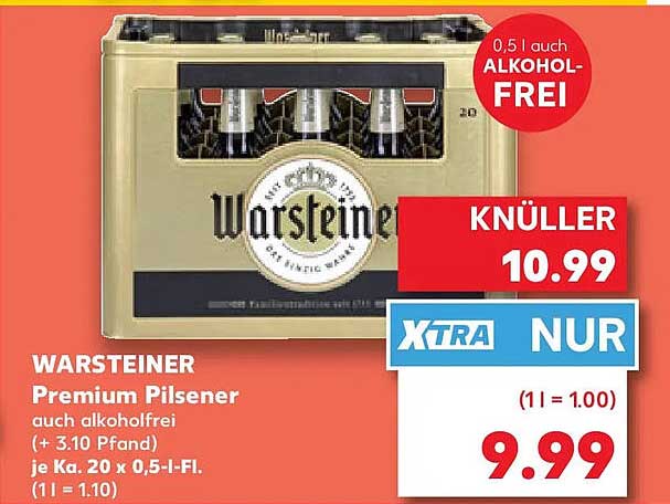 WARSTEINER Premium Pilsener auch alkoholfrei (+ 3.10 Pfand) je Ka. 20 x 0,5-l-Fl. (1 l = 1.10)