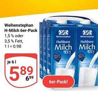 Weihenstephan H-Milch 6er-Pack 1,5 % oder 3,5 % Fett, 1 l = 0.98