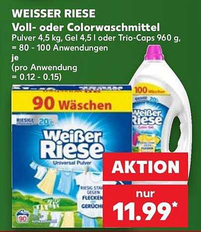 WEISSER RIESE Voll- oder Colorwaschmittel Pulver 4,5 kg, Gel 4,5 l oder Trio-Caps 960 g, = 80 - 100 Anwendungen je (pro Anwendung = 0.12 - 0.15)