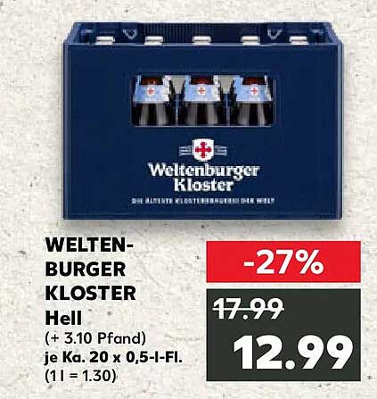 WELTEN-BURGER KLOSTER Hell (+ 3,10 Pfand) je Ka. 20 x 0,5-l-Fl. (1 l = 1.30)