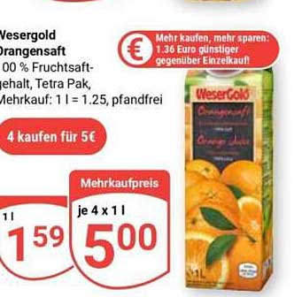 Wesergold Orangen Saft 100 % Fruchtsaftgehalt, Tetra Pak, Mehrfach: 1 l = 1,25, pfandfrei