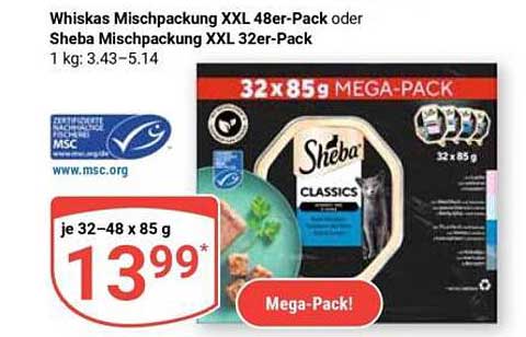 Whiskas Mischpackung XXL 48er-Pack oder Sheba Mischpackung XXL 32er-Pack