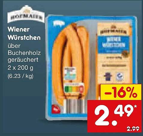 Wiener Würstchen über Buchenholz geräuchert 2 x 200 g (6.23 / kg)