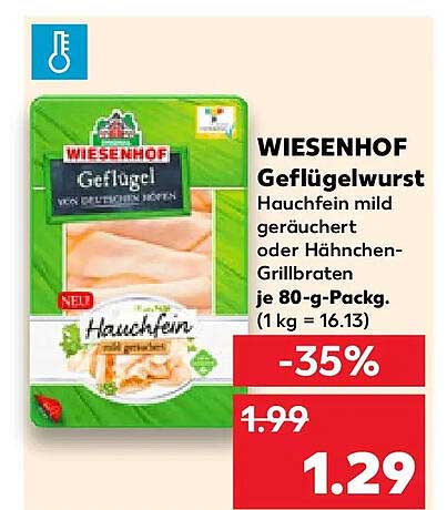 WIESENHOF Geflügelwurst Hauchfein mild geräuchert oder Hähnchen-Grillbraten je 80-g-Pack. (1 kg = 16.13)