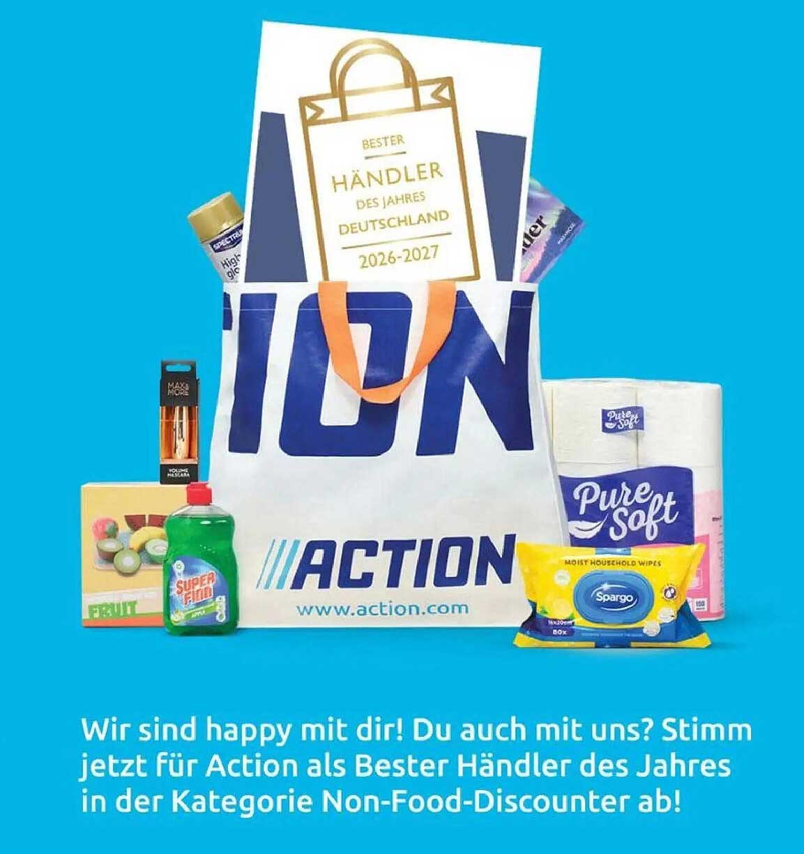 Wir sind happy mit dir! Du auch mit uns? Stimm jetzt für Action als Bester Händler des Jahres in der Kategorie Non-Food-Discounter ab!