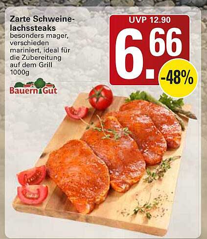 Zarte Schweinelachssteaks besonders mager, verschieden mariniert, ideal für die Zubereitung auf dem Grill 1000g