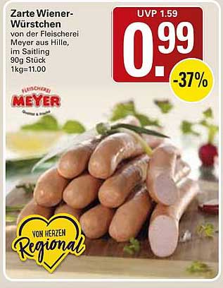 Zarte Wiener-Würstchen von der Fleischerei Meyer aus Hille, im Saitling 90g