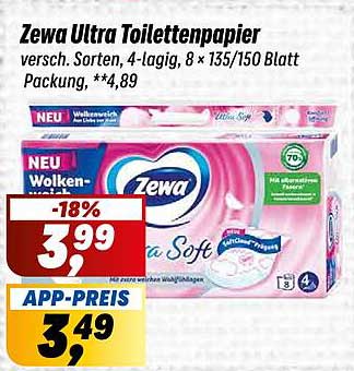 Zewa Ultra Toilettenpapier versch. Sorten, 4-lagig, 8 x 135/150 Blatt Packung, **4,89