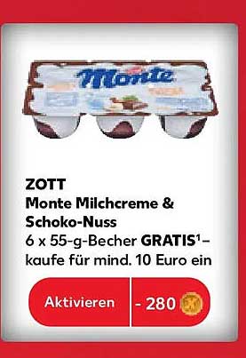 ZOTT Monte Milchcreme & Schoko-Nuss 6 x 55-g-Becher GRATIS¹ - kaufe für mind. 10 Euro ein