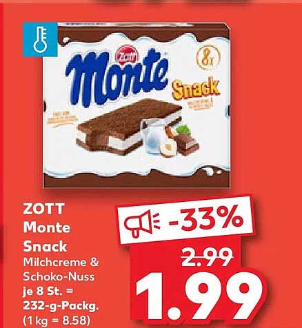 ZOTT Monte Snack Milchcreme & Schoko-Nuss je 8 St. = 232-g-Packg. (1 kg = 8.58)