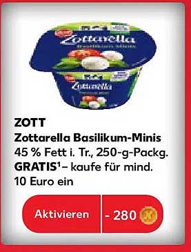 Zottarella Basilikum-Minis 45 % Fett i. Tr., 250-g-Packg. GRATIS1 – kaufe für mind. 10 Euro ein