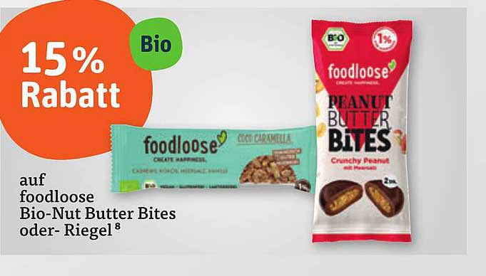 15 % Rabatt auf foodloose Bio-Nut Butter Bites oder Riegel