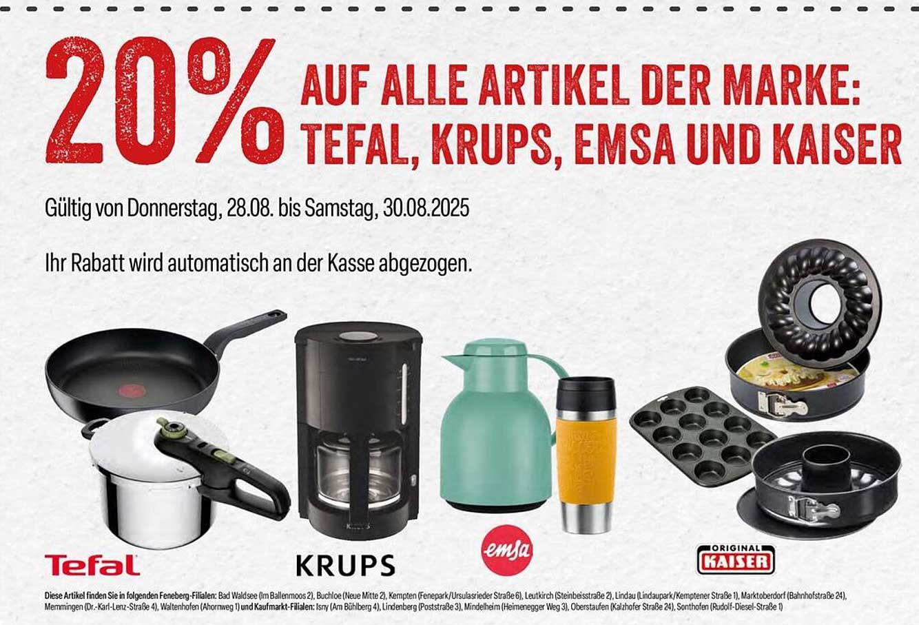 20% Rabatt auf alle Artikel der Marke: Tefal, Krups, Emsa und Kaiser