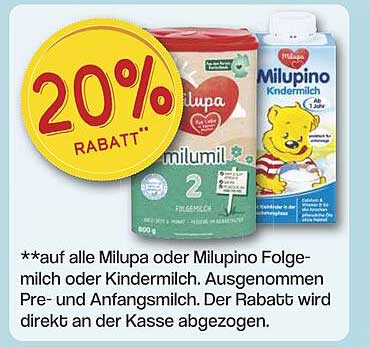 20% Rabatt auf alle Milupa oder Milupino Folgemilch oder Kindermilch
