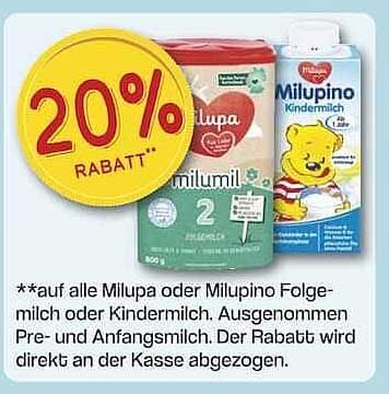 **20% Rabatt auf alle Milupa und Milupino Folgemilch oder Kindermilch**