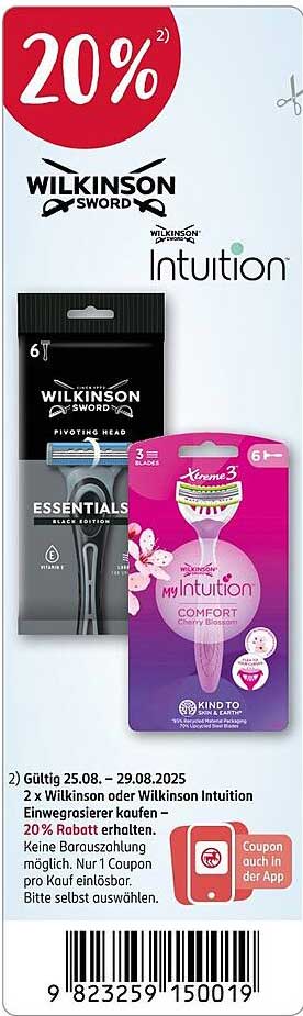 20% Rabatt auf Wilkinson Sword Intuition Einwegrasierer