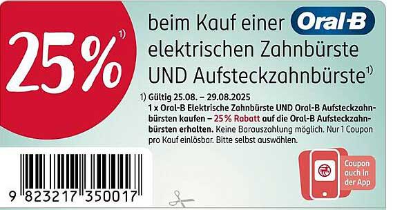 25% Rabatt auf Oral-B elektrische Zahnbürste und Aufsteckzahnbürste