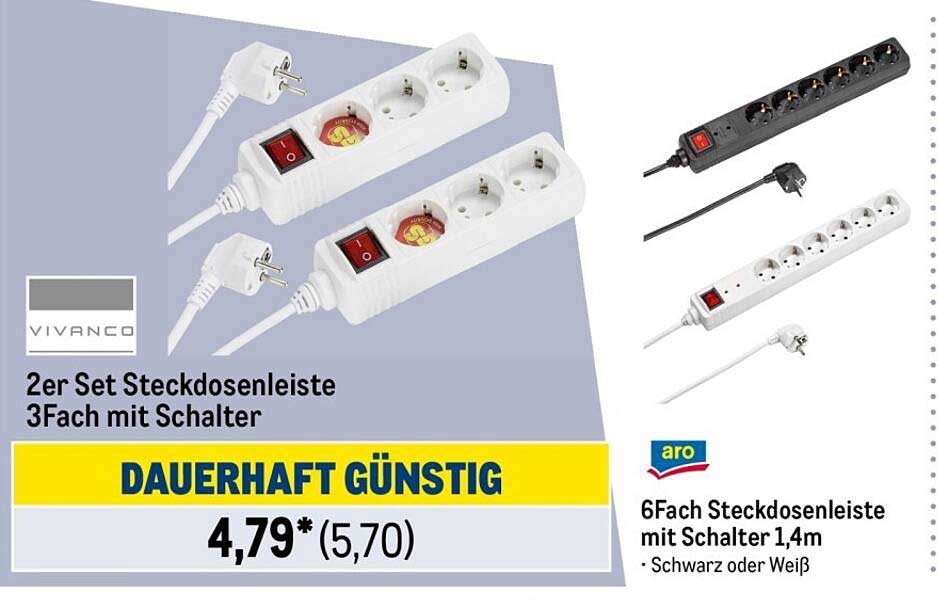 2er Set Steckdosenleiste 3Fach mit Schalter