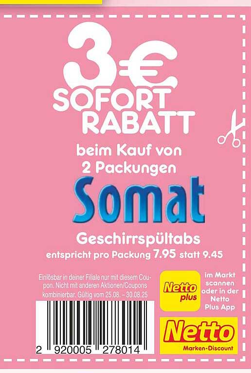 3 € Sofortrabatt beim Kauf von 2 Packungen Somat Geschirrspültabs