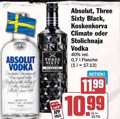 Absolut, Three Sixty Black, Koskenkorva Climate oder Stolichnaja Vodka 0,7 l