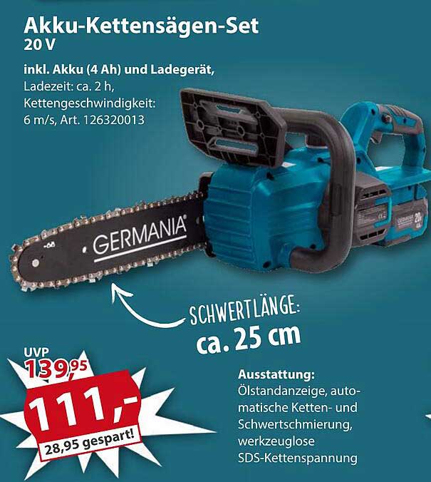Akku-Kettensägen-Set 20 V inkl. Akku (4 Ah) und Ladegerät