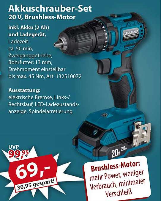 Akku-Schrauber-Set 20 V, Brushless-Motor