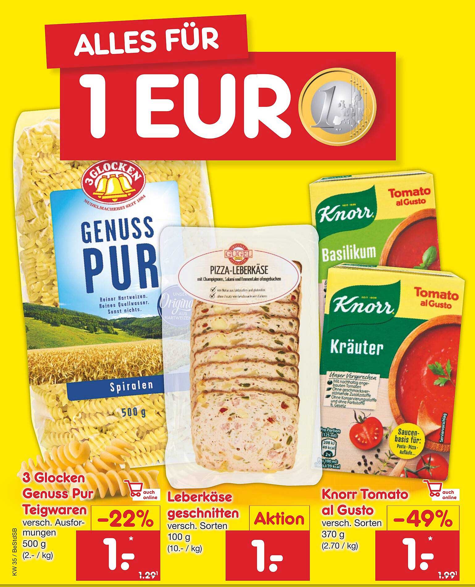 Alles für 1 Euro - 3 Glocken Genuss Pur, Leberkäse und Knorr Tomaten