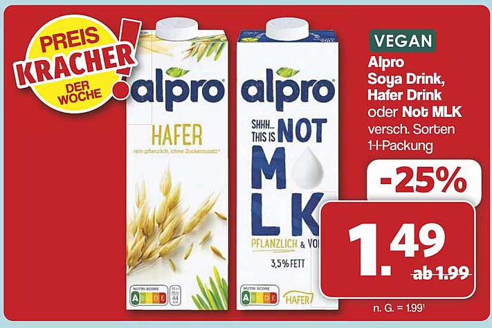 Alpro Soya Drink, Hafer Drink oder Not MLK 1l-Packung -25%
