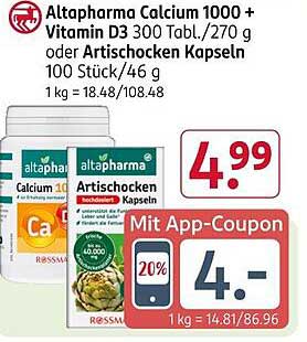 Altapharma Calcium 1000 + Vitamin D3 300 Tbl./270 g oder Artischocken Kapseln 100 Stück