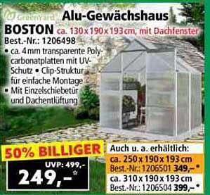 Alu-Gewächshaus BOSTON, ca. 130x190x193 cm, mit Dachfenster
