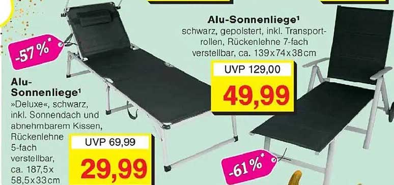 Alu-Sonnenliege Deluxe, schwarz, inkl. Sonnendach, abnehmbaren Kissen, Rückenlehne 5-fach verstellbar
