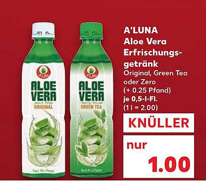 A'LUNA Aloe Vera Erfrischungsgetränk Original, Green Tea oder Zero