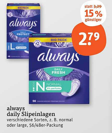 always daily Slipeinlagen - verschiedene Sorten, z. B. normal oder large, 56/48er-Packung