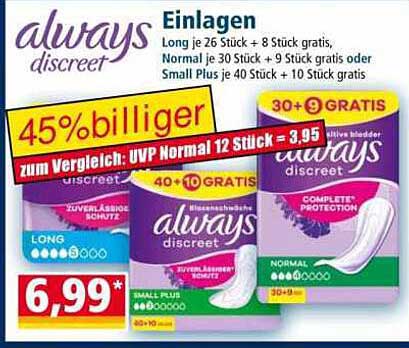 always discreet Einlagen im Angebot – 45% günstiger!
