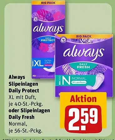 Always Slipeinlagen Daily Protect XL mit Duft, 40-St.-Packung oder Daily Fresh Normal, 56-St.-Packung