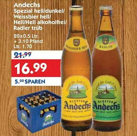 Andechs Spezial hell/dunkel/Weissbier hell/Hell/Hell alkoholfrei/Radler trüb - 20 x 0,5 L