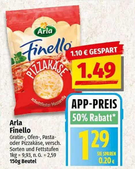 Arla Finello Pizzakäse 150g - Jetzt zum Sparpreis!