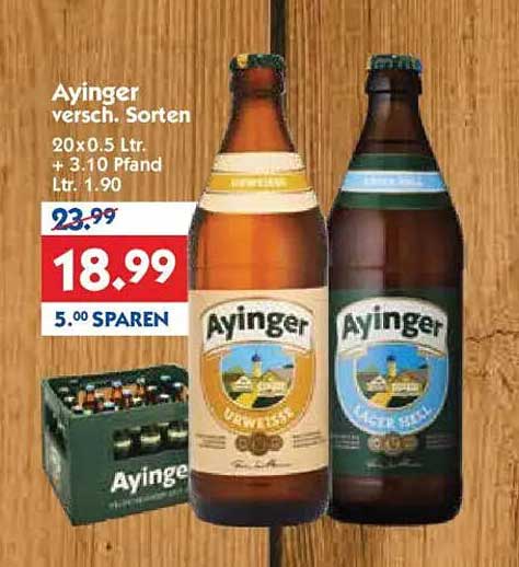 Ayinger verschiedene Sorten 20 x 0,5 Ltr. + 3,10 Pfand Ltr. 1,90