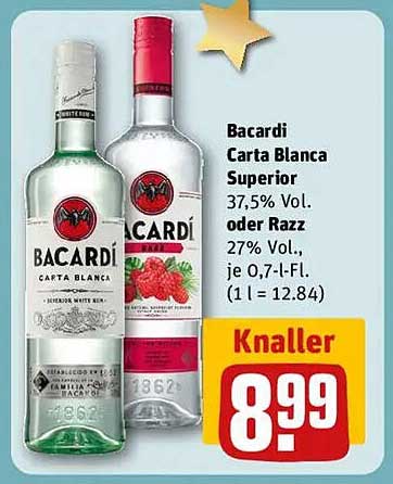 Bacardi Carta Blanca Superior 37,5% Vol. oder Razz 27% Vol., je 0,7-l-Fl.