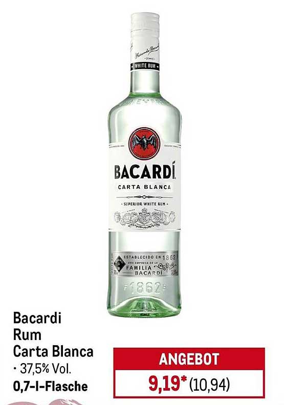 Bacardi Rum Carta Blanca 0,7 l Flasche, 37,5% Vol.
