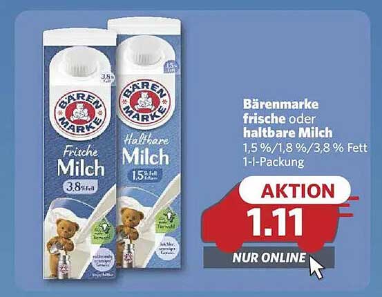 Bärenmarke frische oder haltbare Milch 1,5 %/1,8 %/3,8 % Fett 1-L-Packung