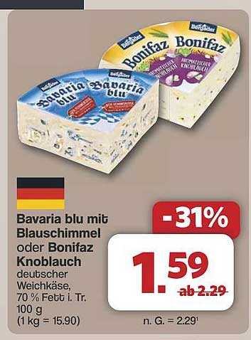 Bavaria blu mit Blauschimmel oder Bonifaz Knoblauch, deutscher Weichkäse