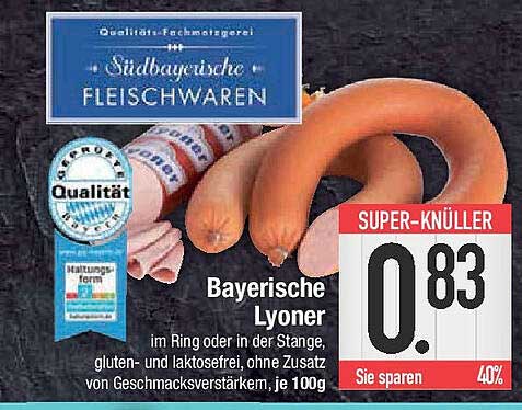 Bayerische Lyoner im Ring oder in der Stange, gluten- und laktosefrei, ohne Zusatz von Geschmacksverstärkern