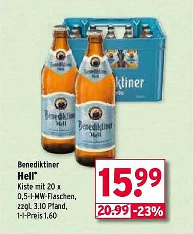 Benediktiner Hell* Kiste mit 20 x 0,5-l-MW-Flaschen