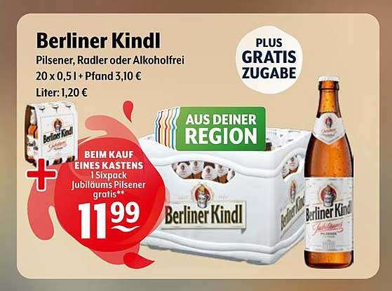 Berliner Kindl Pilsener, Radler oder Alkoholfrei – 20 x 0,5 l