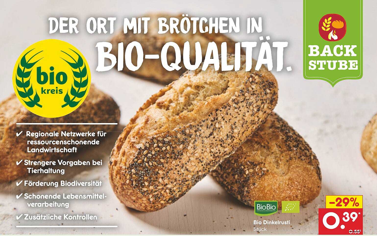 Bio Dinkelrusti Stück - Der Ort mit Brötchen in BIO-Qualität