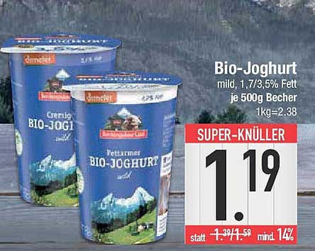 Bio-Joghurt mild, 1,7/3,5% Fett je 500g Becher