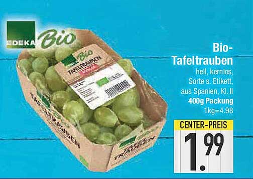 Bio-Tafeltrauben hell, kernlos, 400g Packung
